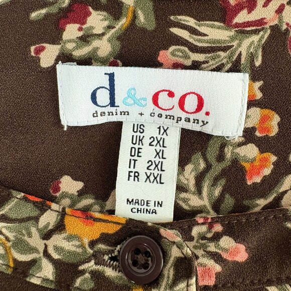 Denim & Co Button Front Top Size 1X Brown Multi Floral Print Long Sleeve A282231 - Picture 4 of 10